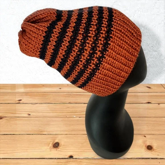 Handmade Knit Off-The-Yak Beanie Unisex Wool Yak Blend Deep Orange w/ Navy Blue - Picture 4 of 10